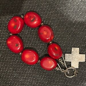 Vibrant Red Stone Bracelet with Silver Cross Charm